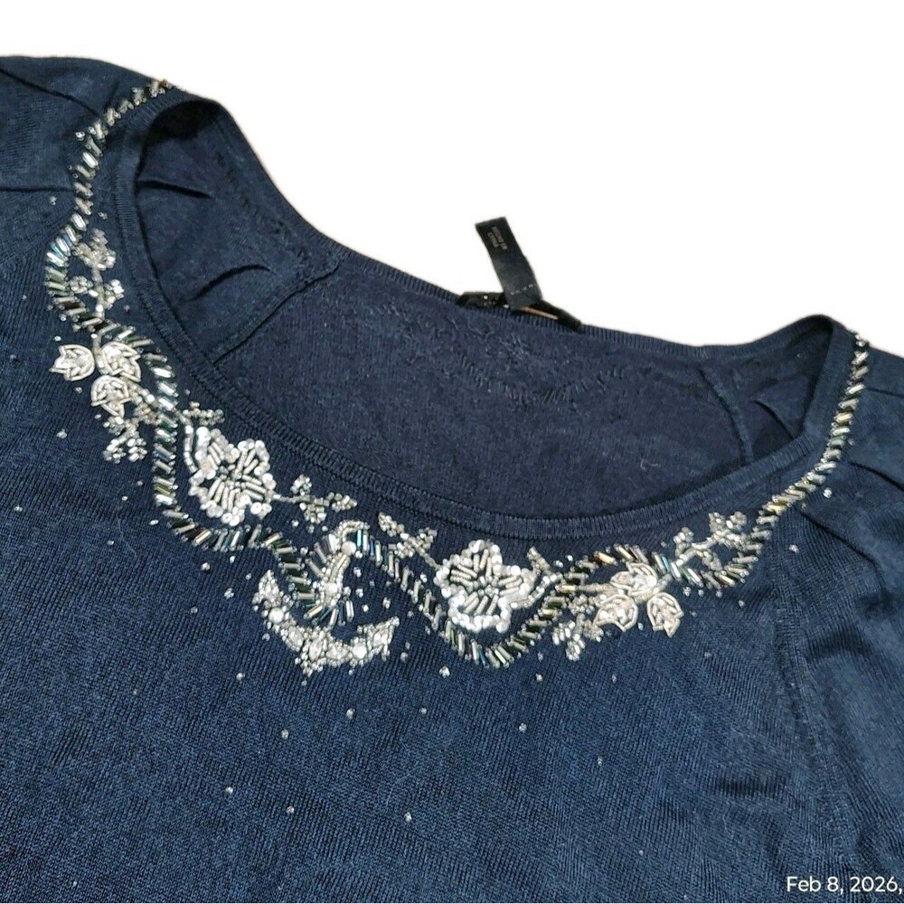 Escada Womens Beaded Knit Top Size 38 Navy Scoop Neck Short Sleeve Sweater - Picture 2 of 9